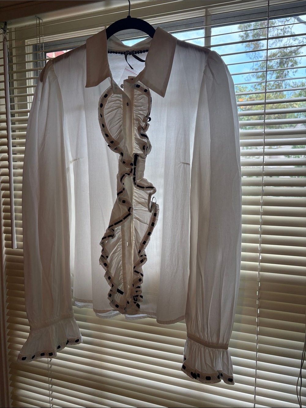 Anthropologie White Ruffled Long-Sleeve Button Blouse with Black Trim